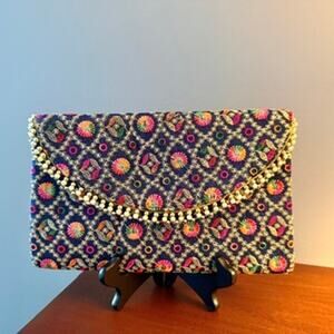 Black Multi Color Embroidered Pearl Beaded Silk Clutch Purse with Gold Chain